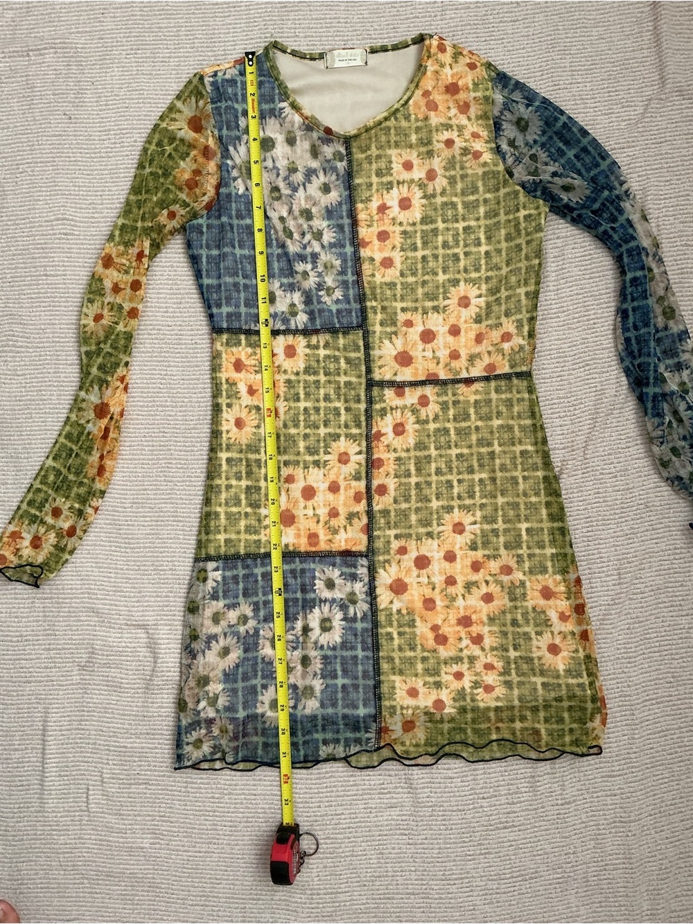 Altar'd State Boho Floral Patchwork Mesh Mini Dress - Green/Blue/Yellow - Picture 7 of 8